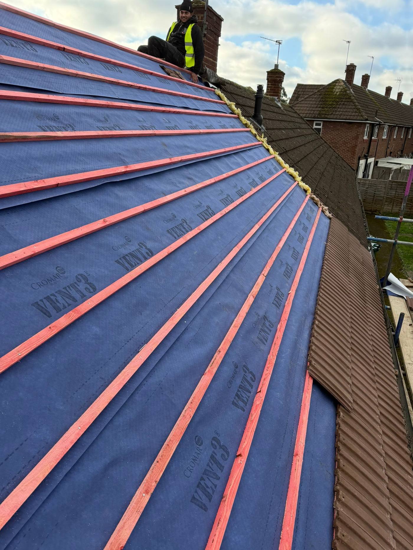 Completed reroof viewed from scaffold