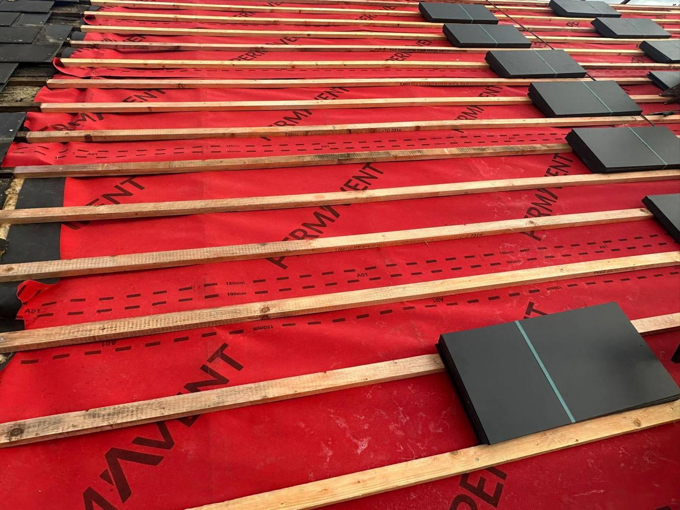 Battens and membrane across the roof slope